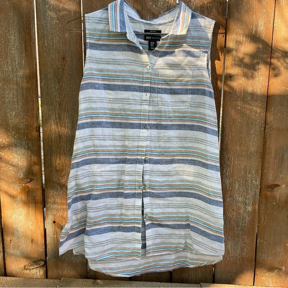 JONES NEW YORK Women’s Striped Sleeveless Linen Button Down Blouse Tunic Medium